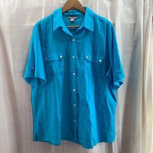 White Stag Aqua Blue Linen Blend Short Sleeve Button Front Shirt XL Vacation
